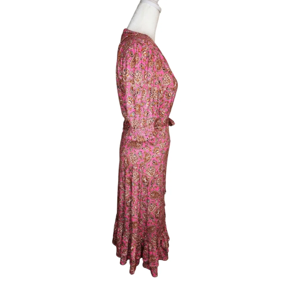 Boden Holiday Ruffle Wrap Dress in Carmine Rose Paisley Size 10L - Picture 2 of 7